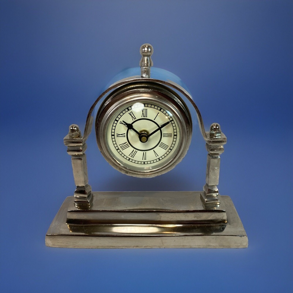 Table Clock Swing Mid Century Home Accent - Desk Display ~ Silver ~ Clock Works